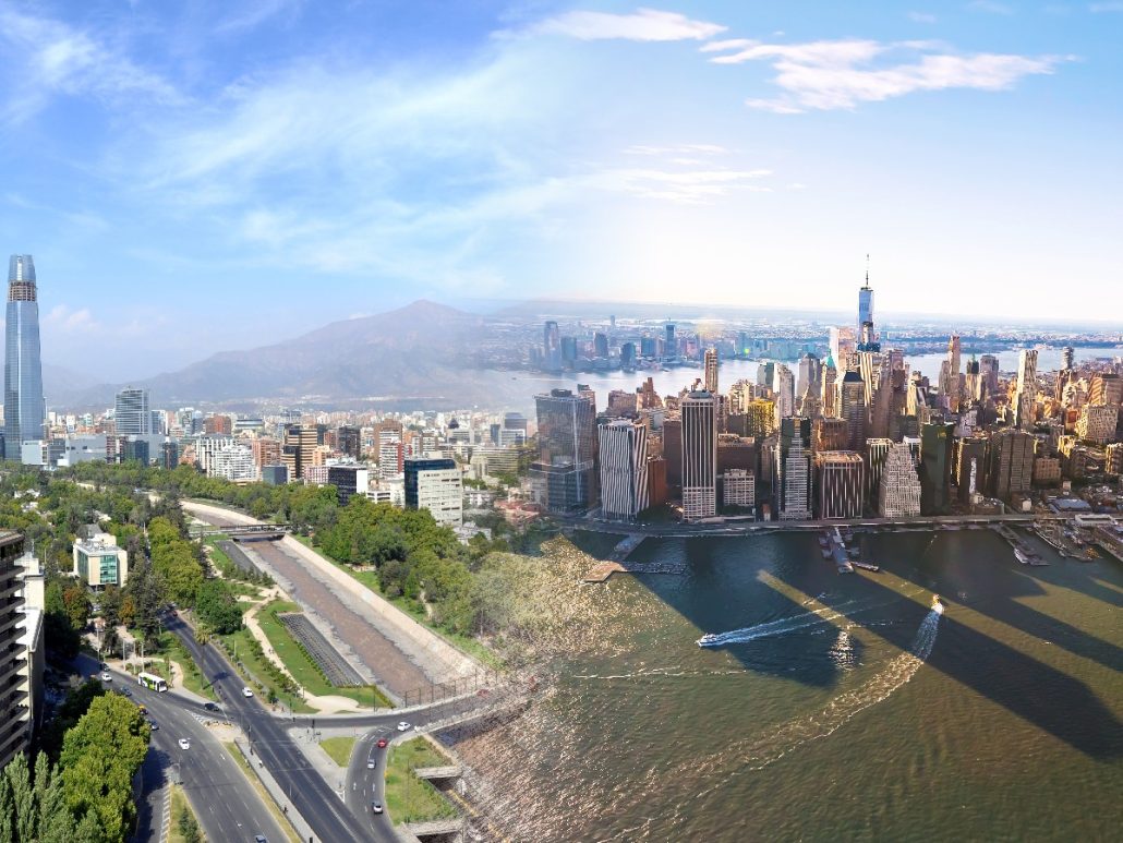 Santiago, Chile and New York, US split image